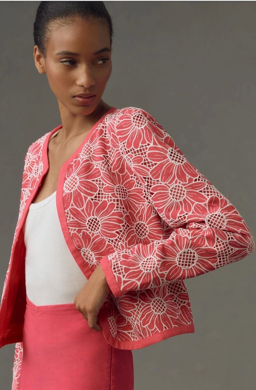 Anthropologie Dolan Womens XL Pink Linen Floral Lightweight Casual Jacket NWT